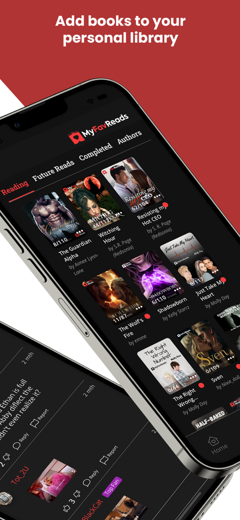 MyFavReads: Novels & Books - MyFavReads mobile app interface showing a personal library with book covers and a community comment section