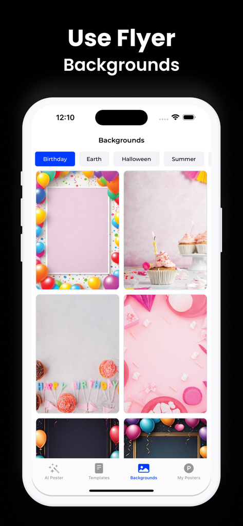 誕生日をテーマにした様々なフライヤーの背景を表示するモバイルアプリ画面。
