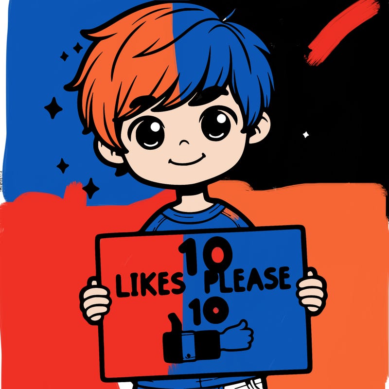 boy holding a sign saying 10 likes please