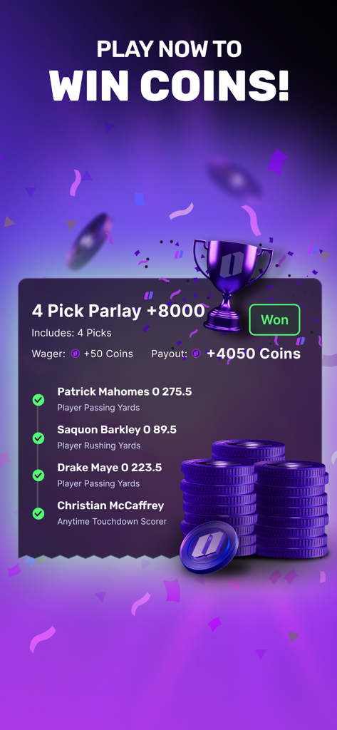 Onyx Odds - Onyx Oddsアプリの4ピックのパーレイ勝利、コイン報酬とプレイヤー予測を表示