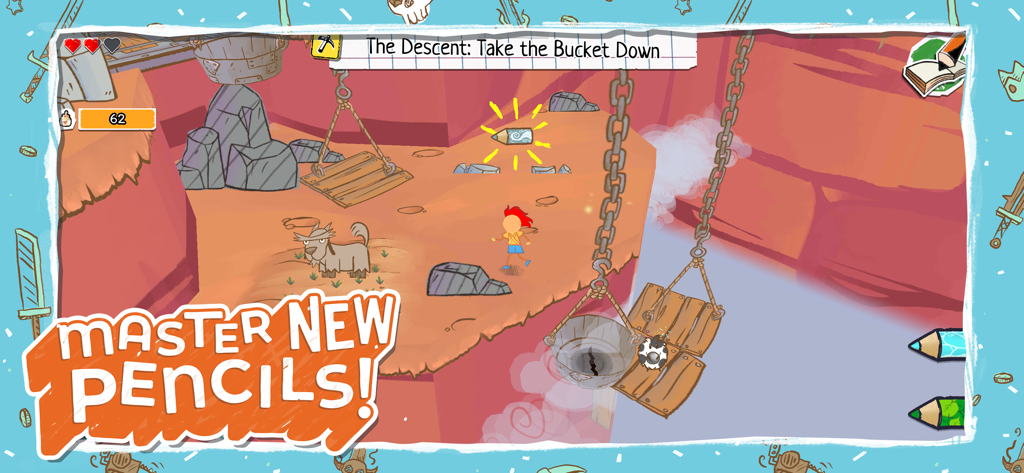 Draw a Stickman: EPIC 3 - Gameplay of Draw a Stickman EPIC 3 showing a custom drawn hero in a canyon level with a prompt to master new pencils.