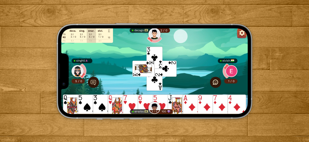 Callbreak : Card game - Landscape view of Callbreak card game multiplayer gameplay on a mobile phone