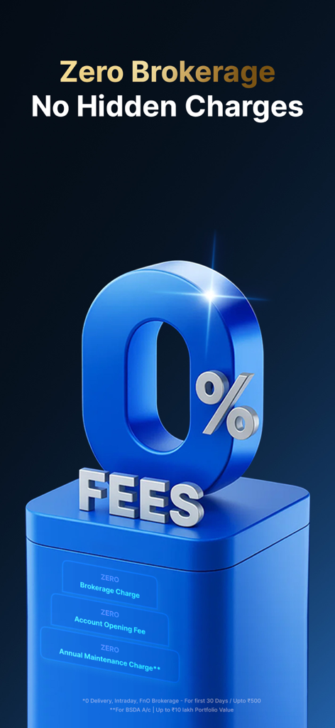 Exibição gráfica mostrando 0% de taxas para investimentos em ações com corretagem zero e sem cobranças ocultas no aplicativo Univest