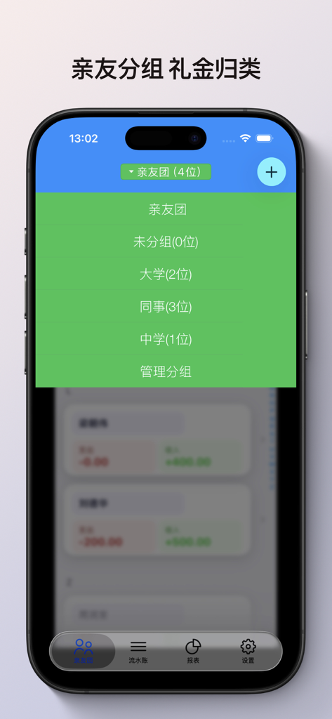 Gift money ledger app screen for organizing relatives and friends into categories for tracking gifts