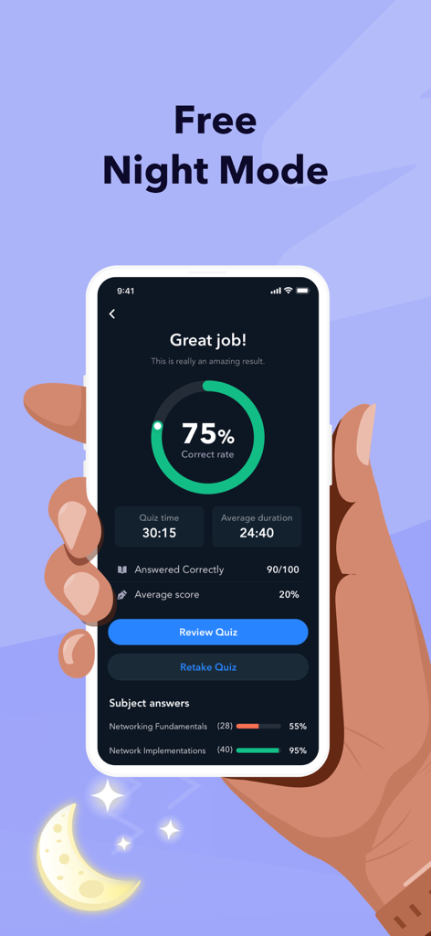 Smartphone screen displaying ISC2 exam prep quiz results in dark theme night mode