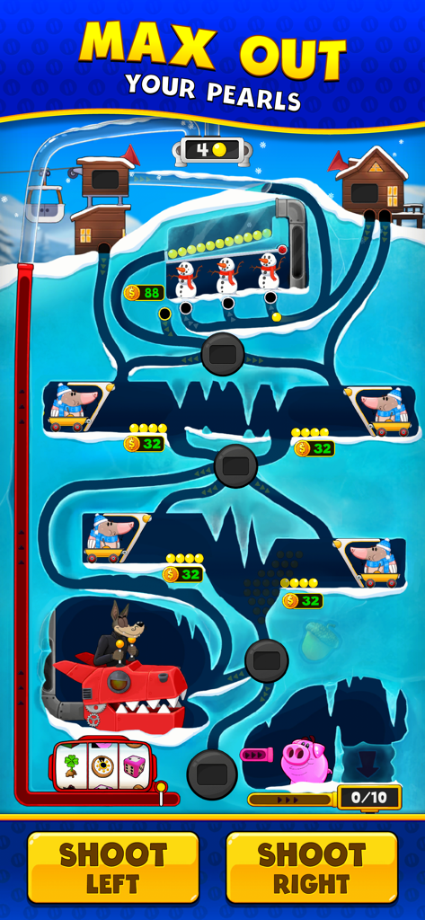 Piggy Prize - Uma fase com tema de inverno no jogo mobile Piggy Prize mostrando pérolas douradas rolando por trilhas de gelo com bonecos de neve e um cofrinho rosa.