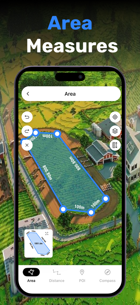 GPS Field Area Measurement - 土地面積と寸法を計算するために、地図上に青いポリゴンオーバーレイが表示されているモバイルアプリの画面