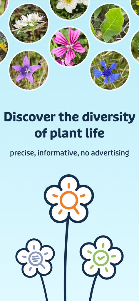 Schermata dell'app che mostra fiori colorati con il testo Scopri la diversità della vita vegetale
