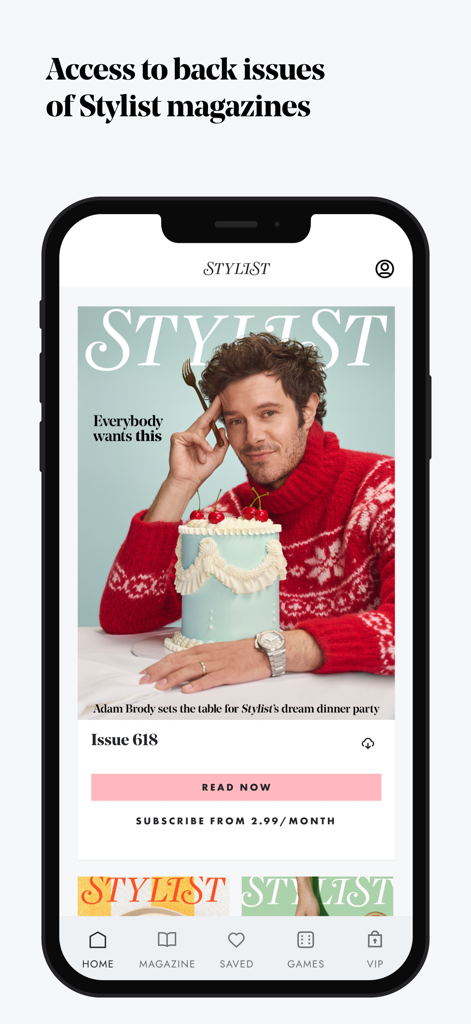 Stylist: Fashion, Beauty, News - Interface do aplicativo Stylist exibindo edições anteriores de revistas digitais com uma capa apresentando Adam Brody.