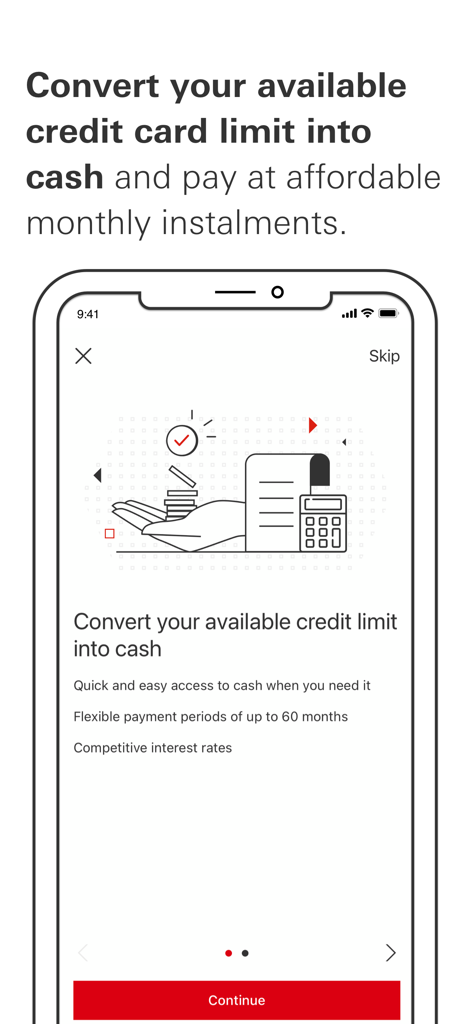 HSBC Malaysia - HSBC Malaysia app screen showing the option to convert credit card limit into cash with monthly instalments.