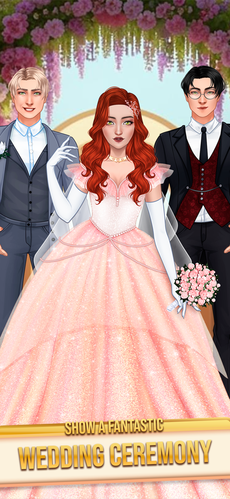 Wedding Games: Bride Dress Up - Una novia con un vestido rosa brillante de pie con dos novios en una ceremonia de boda floral.