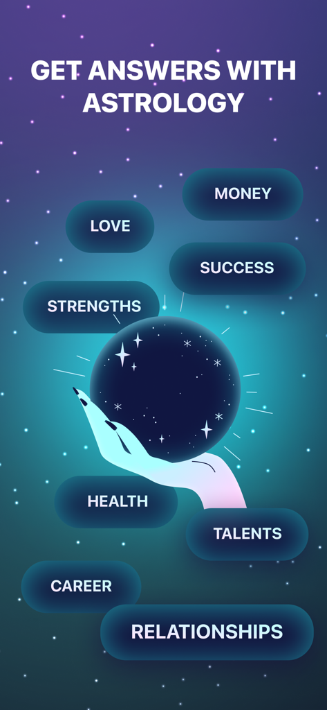 Astrology app screen showing various life categories like love and career around a crystal ball