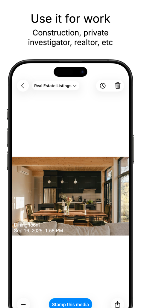 Timestamp It - Photo Stamper - A real estate photo in the Timestamp It app featuring a custom date and room label