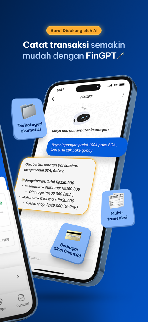 Finku: Budget & Money Manager - Finku mobile app screenshot displaying the FinGPT AI assistant for easy transaction recording and automatic categorization