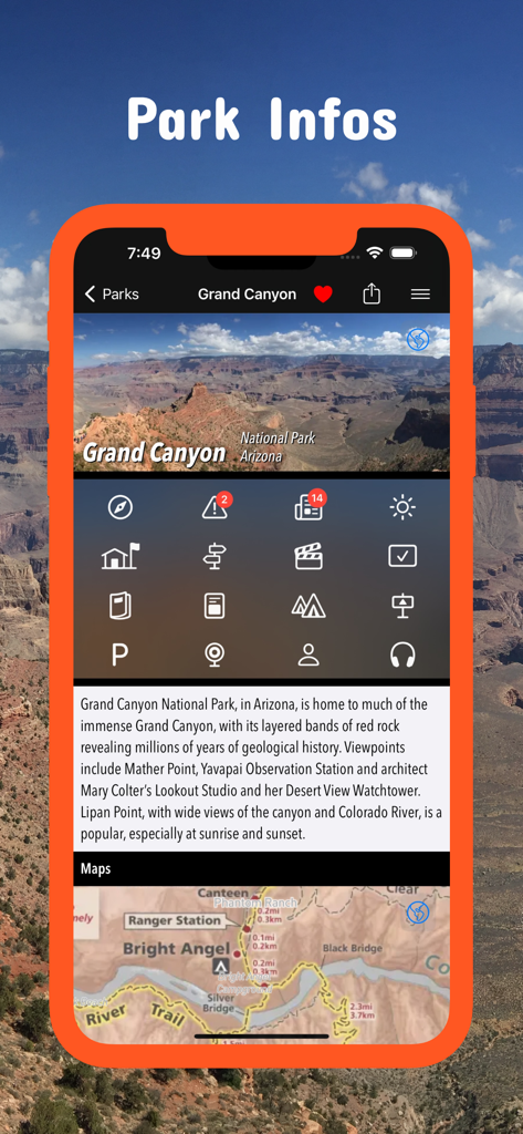National Parks Pocket Maps app displaying information and maps for Grand Canyon National Park