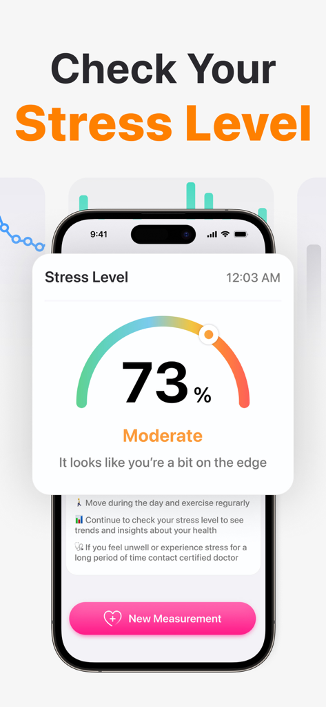 MyPulse - Measure Your Pulse - A smartphone screen displaying a 73 percent moderate stress level reading from the MyPulse app.