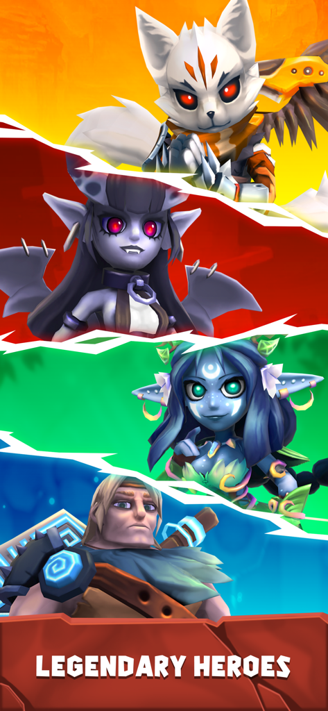 Combat Quest: Idle Dungeon RPG - Combat Questの4人の伝説のヒーローキャラクター（キツネ、悪魔、エルフ、戦士）の縦型ディスプレイ