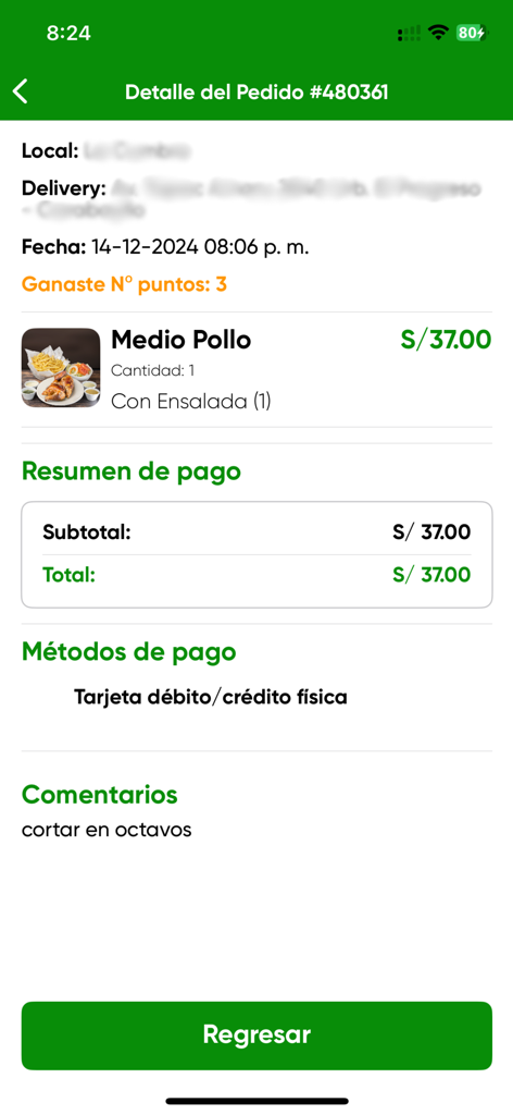 Caporal - Caporalフードアプリのスクリーンショット。ローストチキンミールの注文詳細、合計金額、支払い方法が表示されています。