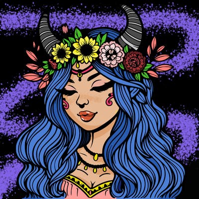 detailed woman with horns and a flower crown