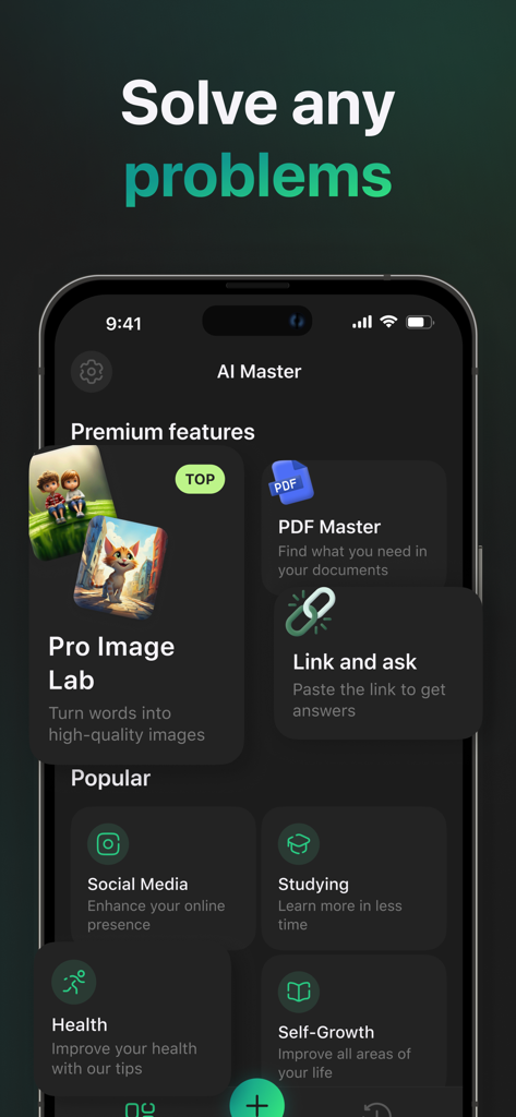 AI Master: Smart Assistant - AI Masterアプリのインターフェース。Pro Image Lab、PDF Master、生産性カテゴリなどのさまざまなツールを表示。