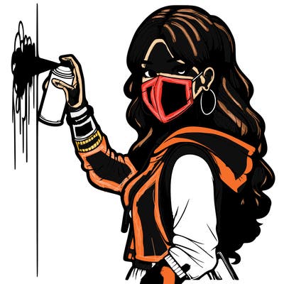 realistic girl with mask spray painting a wall