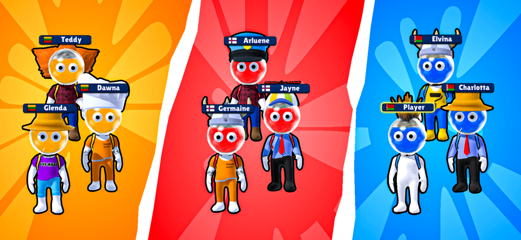 Dye Hard - Color War - A lineup of customized characters from the red blue and orange teams in Dye Hard Color War