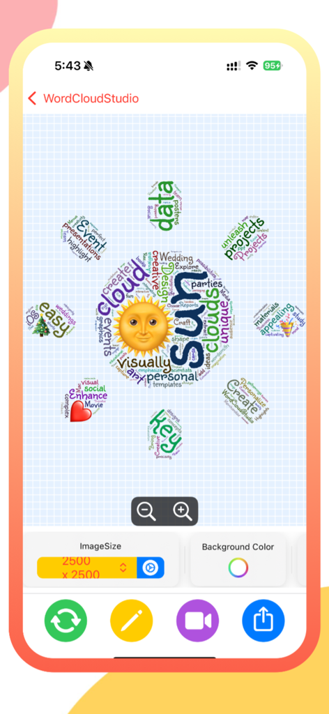 WordCloudStudio - WordArt Tool - WordCloudStudio mobile app interface showing a sun shaped word cloud design with customization tools
