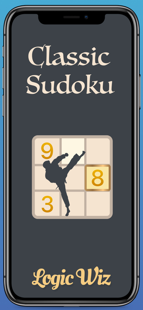 Classic Sudoku app splash screen by Logic Wiz featuring a minimalist grid and martial arts silhouette icon.
