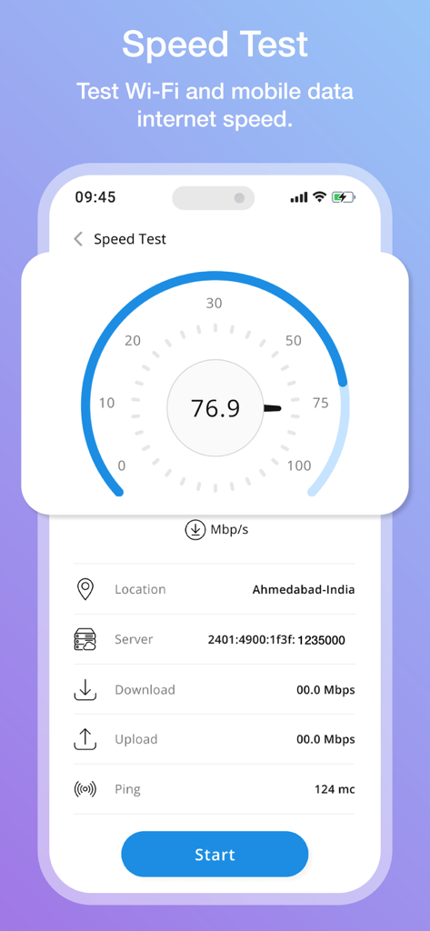 Internet speed test feature in the Cleaner Kit app showing a speedometer gauge and network metrics