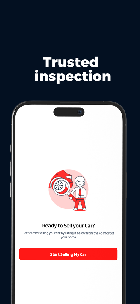 Carly app screen for selling a car featuring a trusted inspection guarantee and a start selling button.