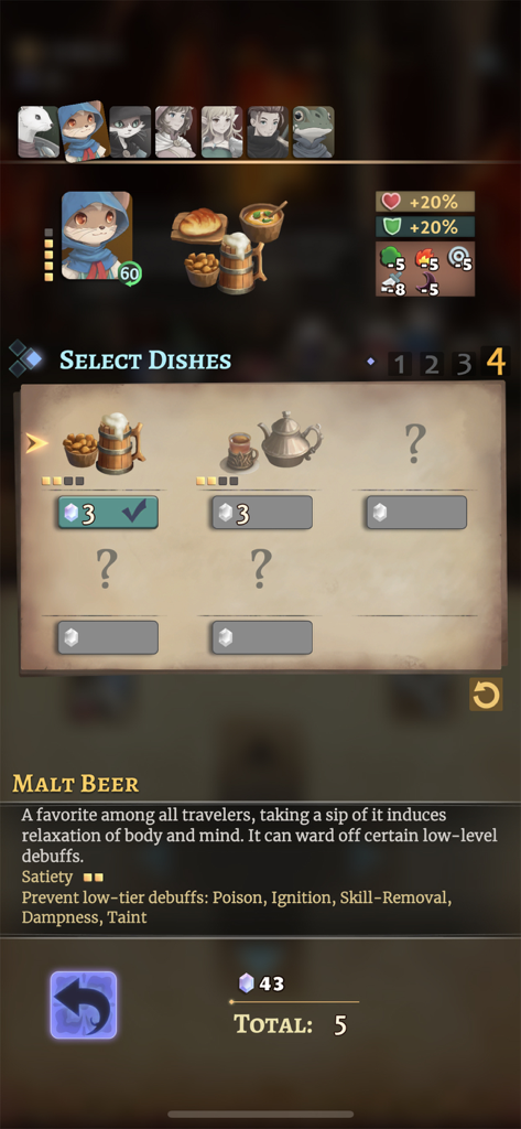 Schermata di selezione dei piatti di Hero Emblems 2 che mostra i potenziamenti del cibo e le statistiche dei personaggi