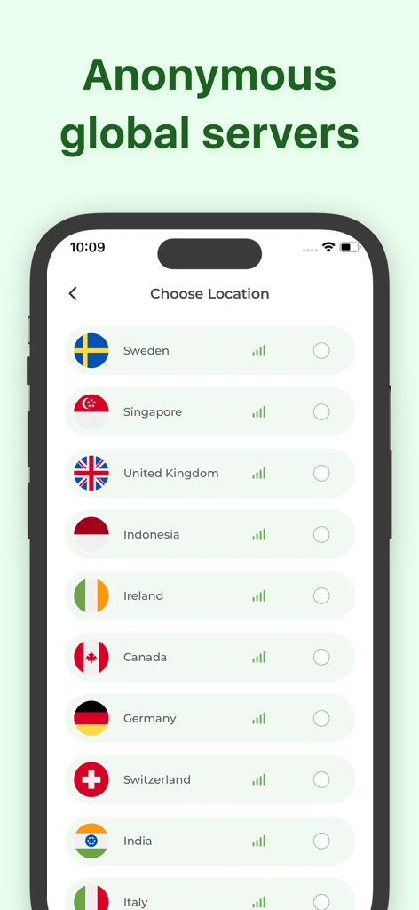 App VPN - Super Fast Unlimited - 익명 브라우징을 위한 전 세계 VPN 서버 위치를 보여주는 인터페이스