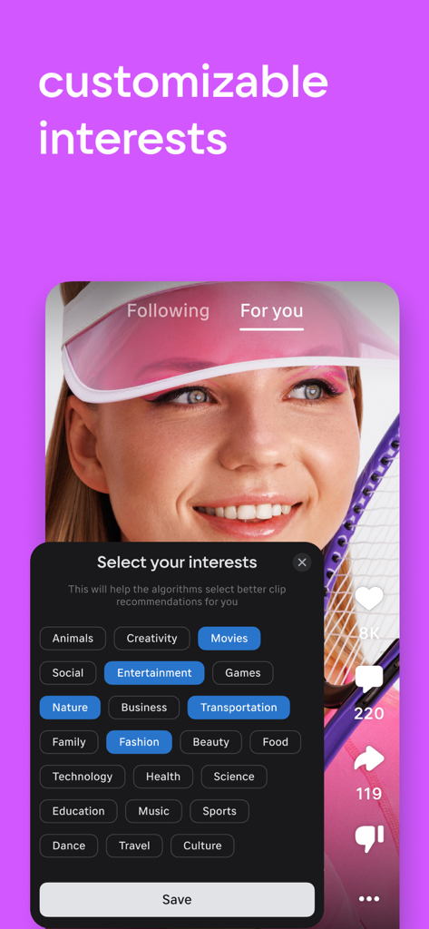 VK Clips: short videos - VK Clipsアプリのスクリーンショット。映画、エンターテイメント、ファッションなどの選択可能な興味のリストが表示され、動画のレコメンデーションをカスタマイズ