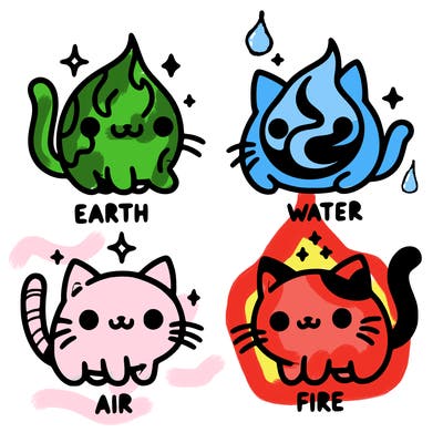 4 cats that represent the different elements, earth, water, air, and fire