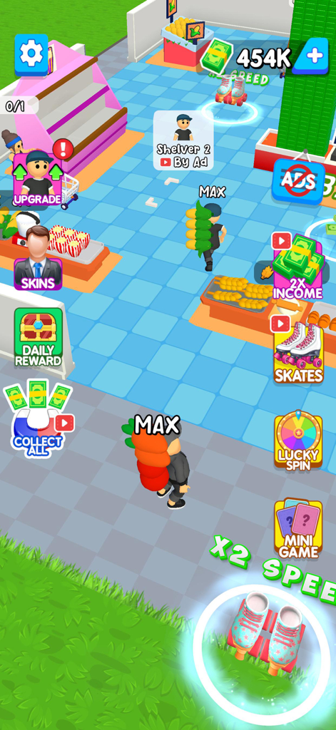 Mini Supermarket Grocery Shop - Un personaje cargando una pila de comestibles en el juego de gestión Mini Supermarket.