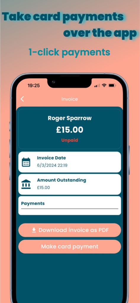 Equigate - Equigate mobile app interface showing a digital invoice with a 1-click card payment option.
