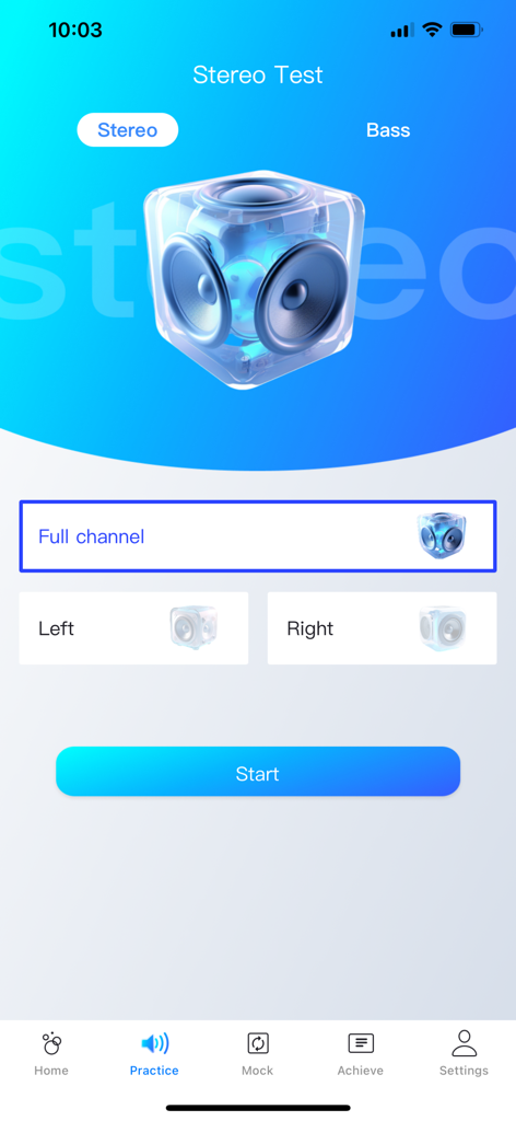 Interface de teste de som estéreo para verificar os canais dos alto-falantes do iPhone