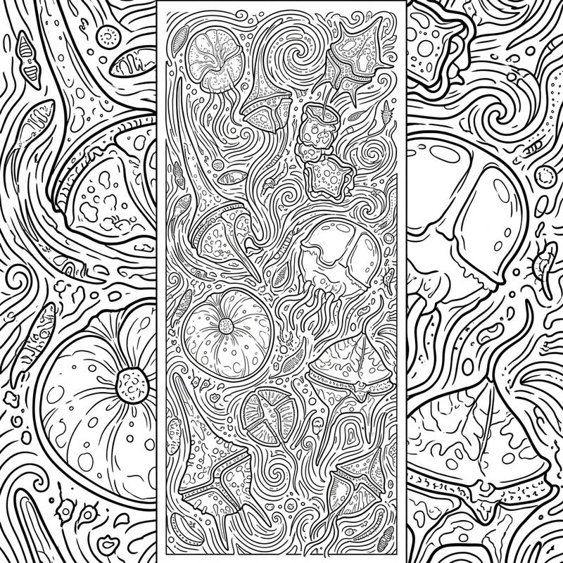 Unleash your creativity with this unique dinoflagellate bookmark coloring page. Featuring an intricate world of microscopic sea life and swirling currents, it's perfect for both ocean enthusiasts and detailed coloring.