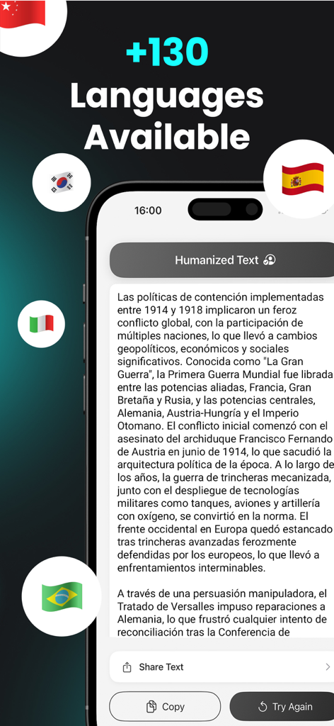AI Humanizer app interface showing support for over 130 languages with international flag icons