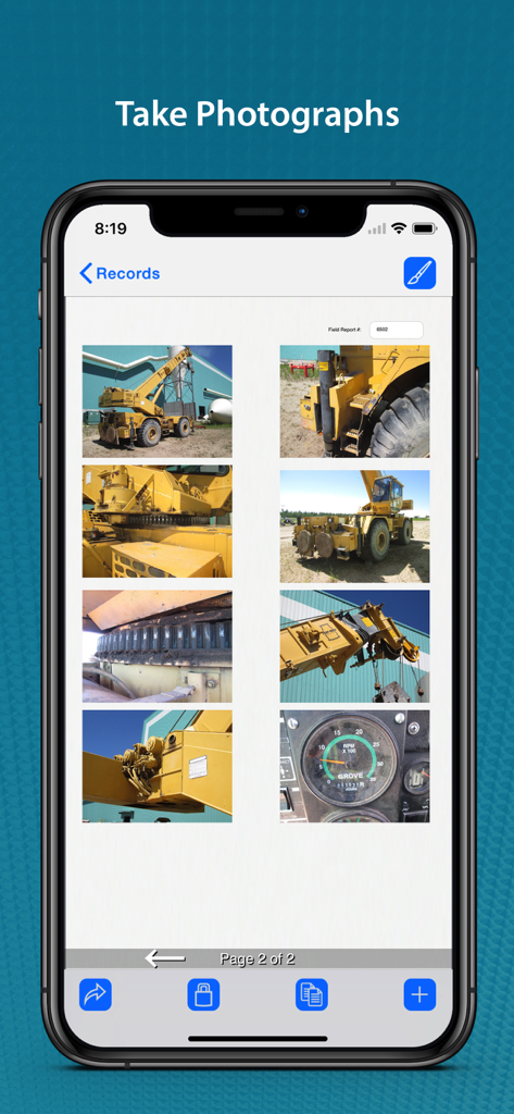 FormConnect Pro app screen displaying multiple photographs of heavy machinery in a field report