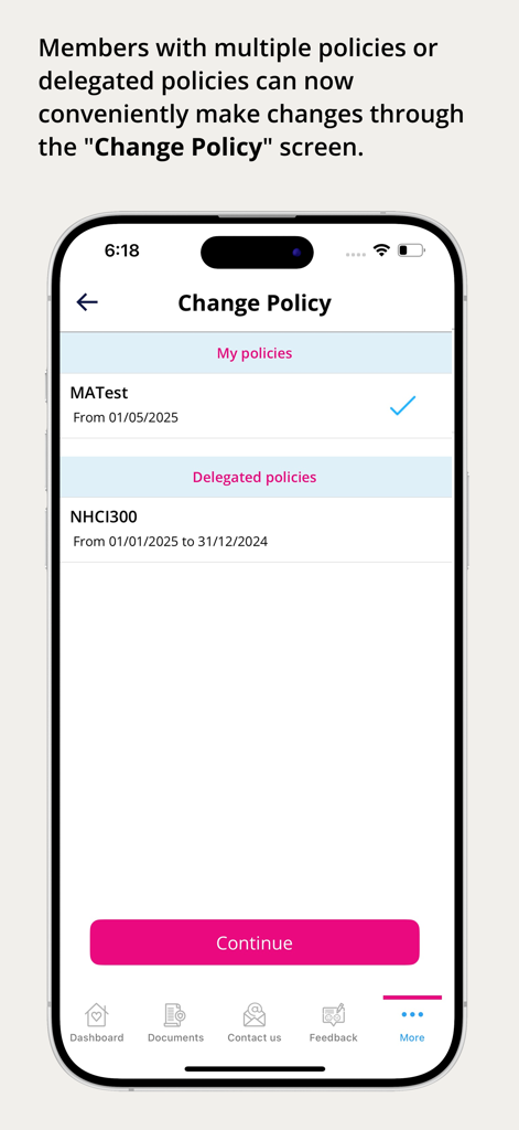 HCI Group - HCI Group app interface showing personal and delegated medical insurance policy management