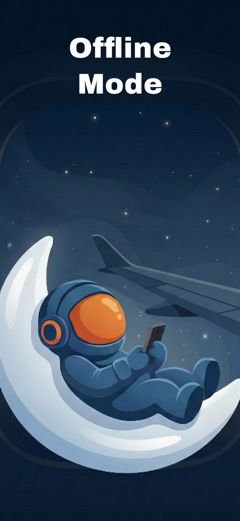 Interfaz de la aplicación Sleep Orbit que muestra el modo sin conexión con un astronauta en la luna.