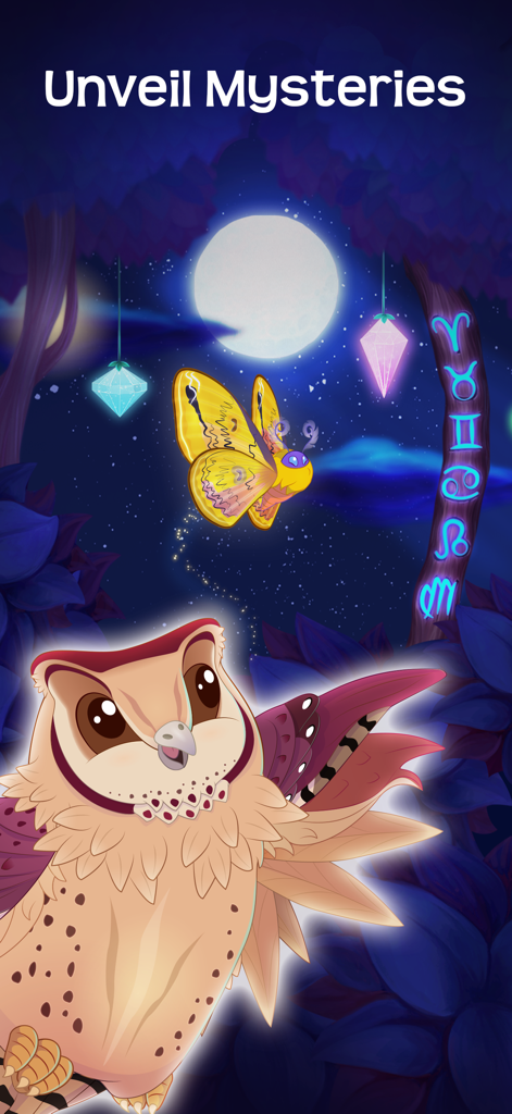 Flutter Starlight — Cozy Game - 魔法の月明かりの森で、光る星座のシンボルと一緒にいるフクロウと黄金の蛾