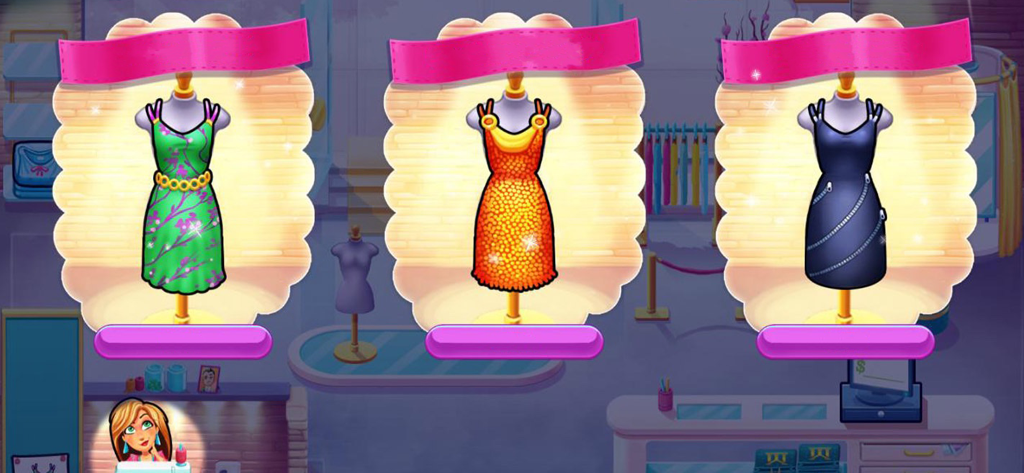 패뷸러스 스윗 리벤지 부티크에 전시된 세 가지 독특한 패션 드레스 디자인.