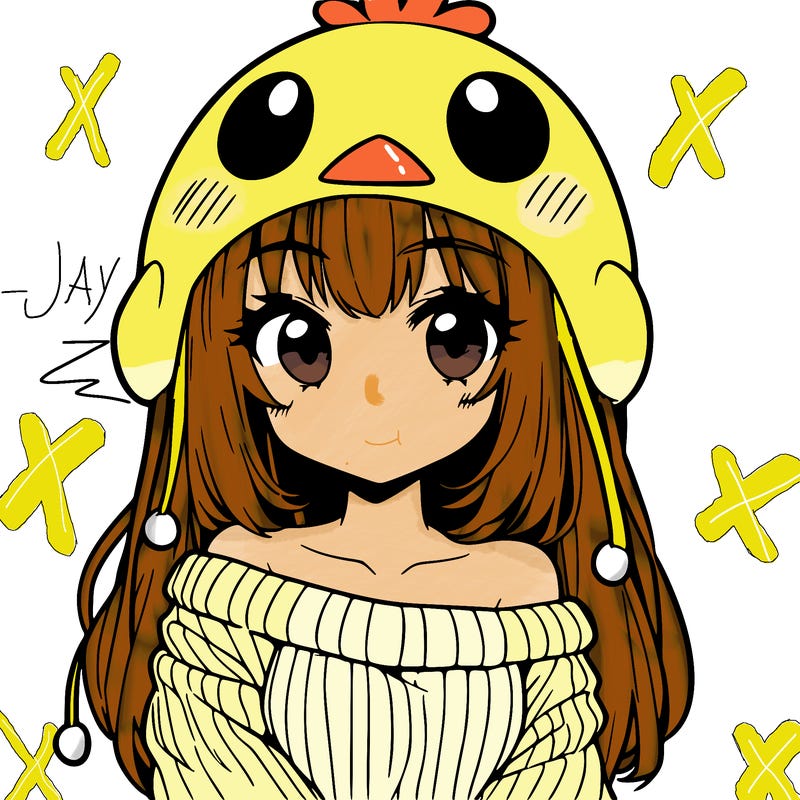 anime girl with chick shaped hat with sweater with bare shoulders with bangs covering them one eye with low tail