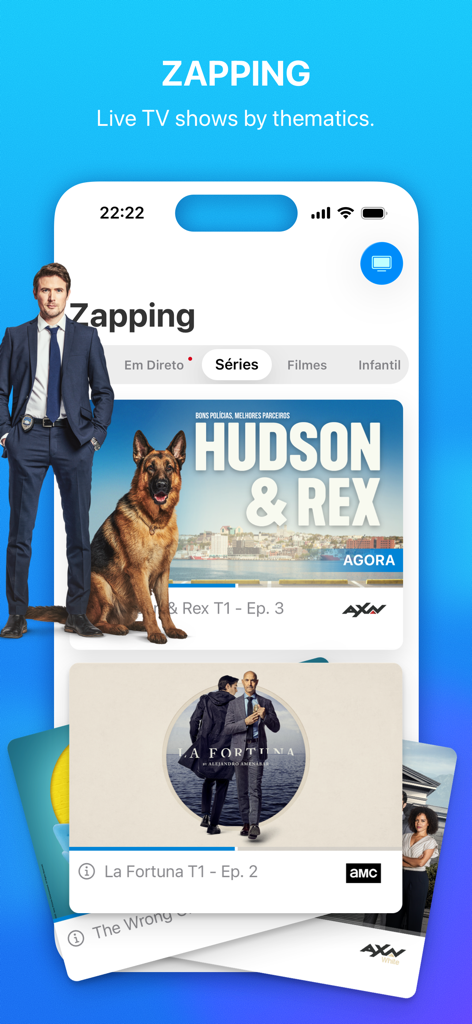 Pantalla Zapping de la aplicación MEO Go mostrando programas de TV en vivo categorizados por tema, como series y películas