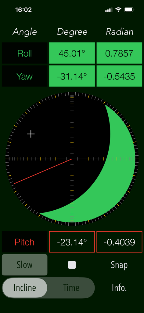 ClinoScope app interface showing three dimensional inclinometer measurements for roll yaw and pitch in degrees and radians