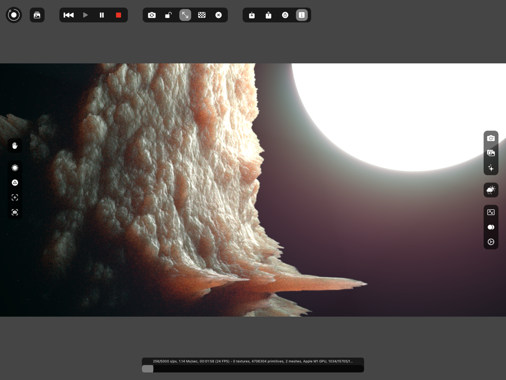 高度なライティングとリアルタイム進捗状況統計を備えた高品質3Dサーフェスレンダリングを表示するOctane X iPad Proアプリインターフェイス。