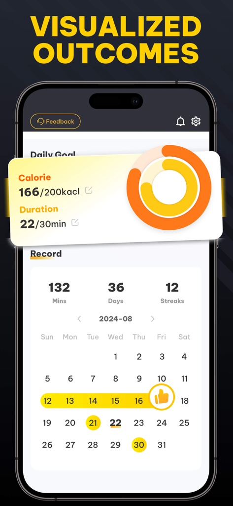 Muscle Monster Workout Planner - A mobile interface of the Muscle Monster app showing visualized workout outcomes with calorie tracking and a monthly training calendar.