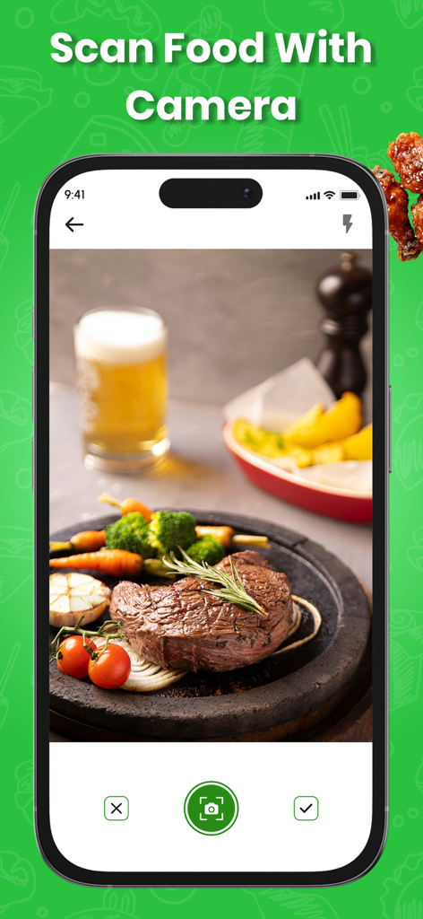 Pantalla de smartphone que muestra la aplicación AI Food Scanner escaneando un plato de bistec y verduras usando la interfaz de la cámara